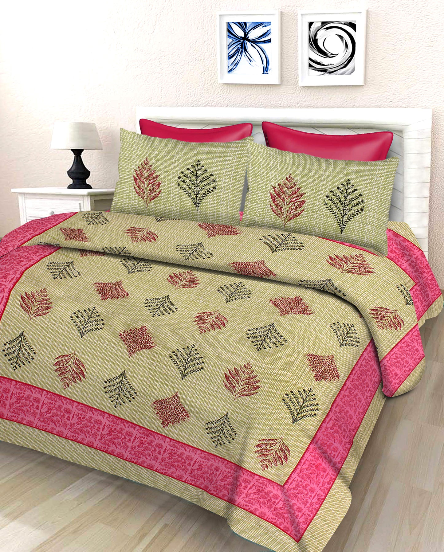 Lali Prints Jaipuri Cream Floral Cotton 130 TC Queen Bedsheet With 2 Pillow Covers