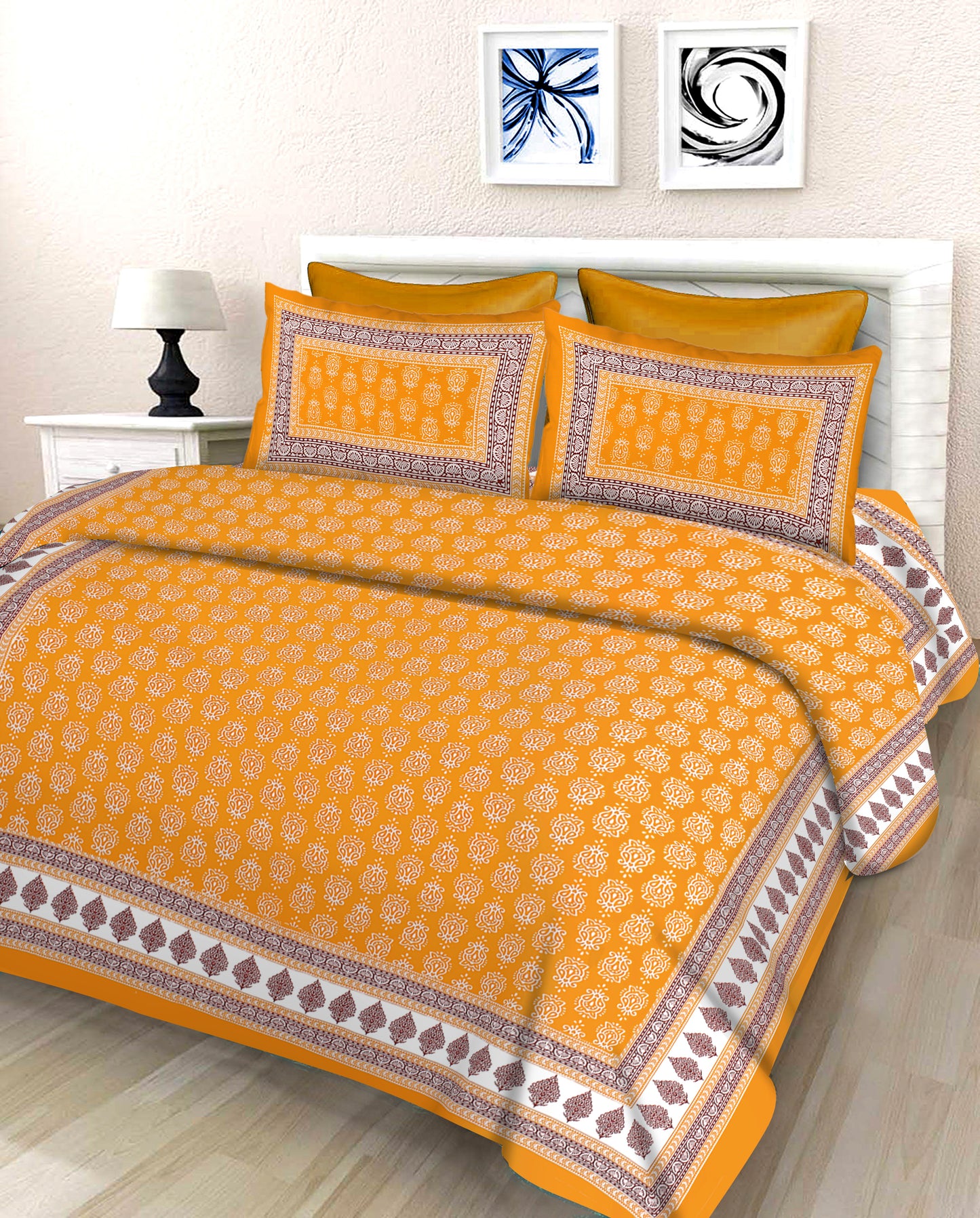Lali Prints Yellow & White Printed Cotton 130 TC Queen Bedsheet With 2 Pillow Covers