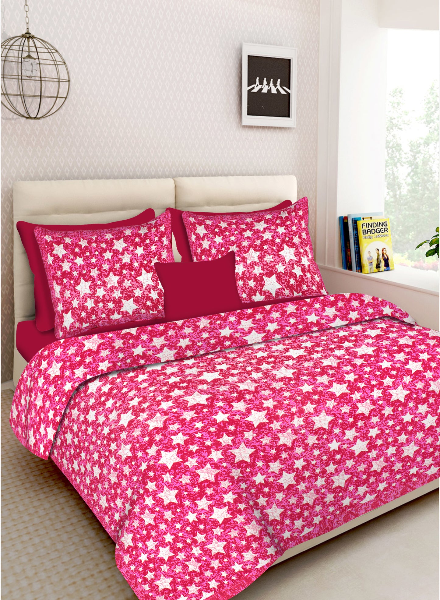 Lali Prints Pink & White Geometric Cotton 130 TC Queen Bedsheet with 2 Pillow Covers