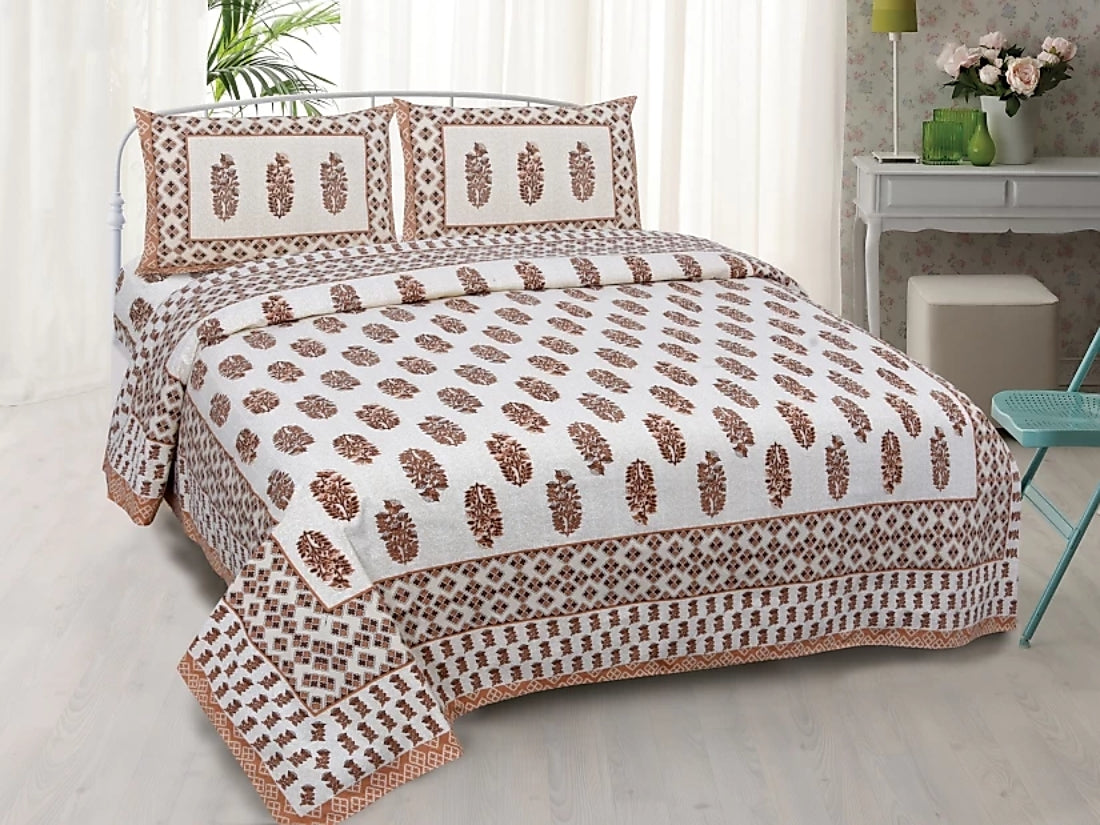 Lali Prints White & Brown Ethnic Motifs Cotton 130 TC Queen Bedsheet with 2 Pillow Covers
