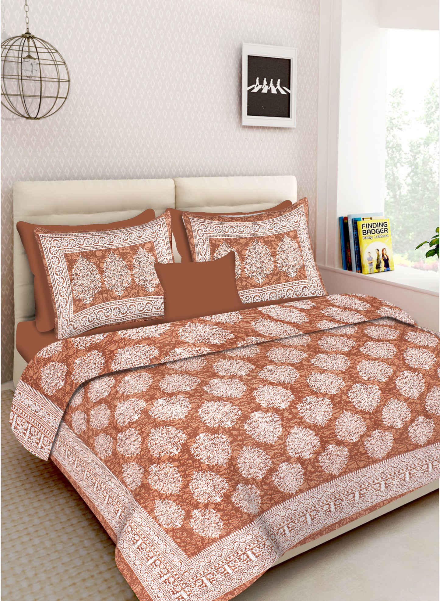 Lali Prints Jaipuri Brown Printed Cotton 130 TC Queen Bedsheet with 2 Pillow Covers