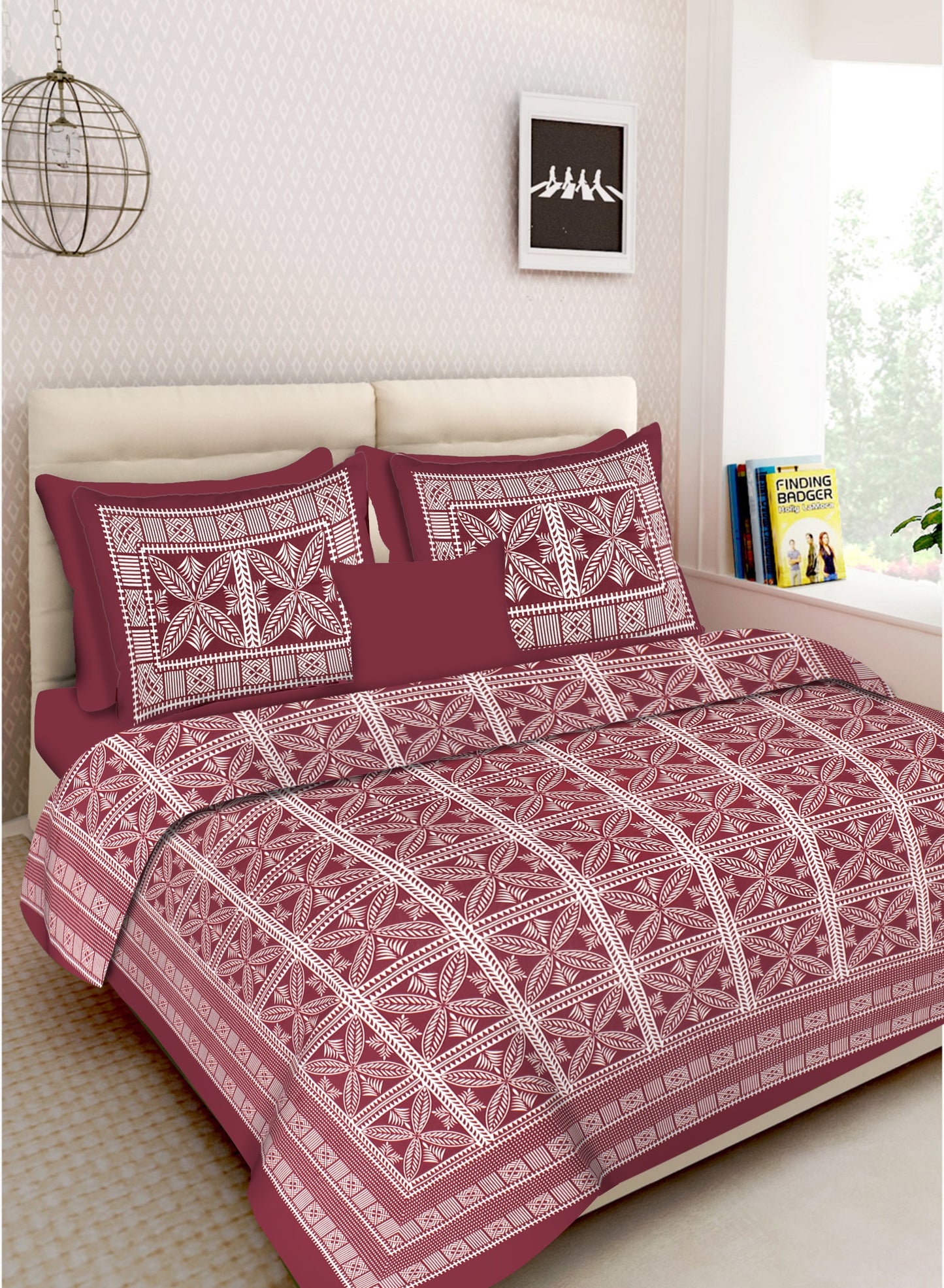 Lali Prints Jaipuri Maroon Printed Cotton 130 TC Queen Bedsheet with 2 Pillow Covers