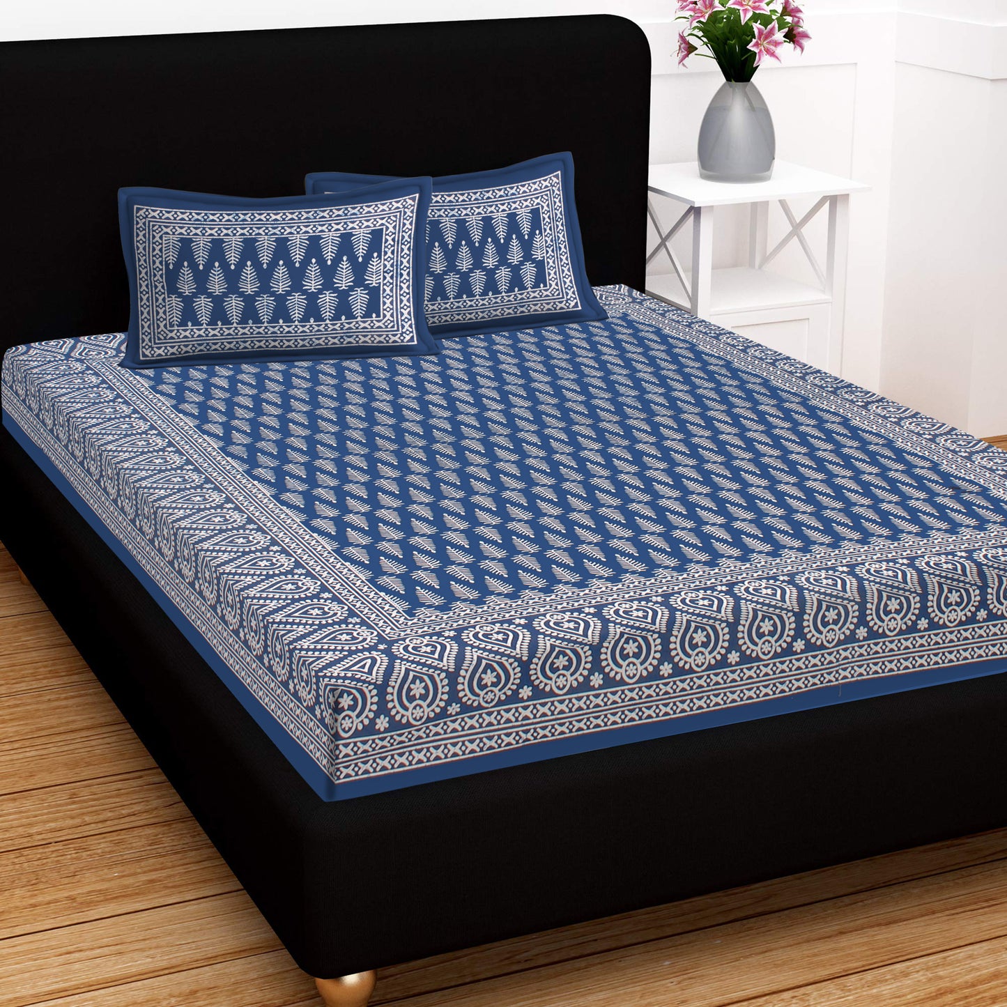Lali Prints Blue & White Ethnic Motifs Cotton 130 TC Queen Bedsheet with 2 Pillow Covers