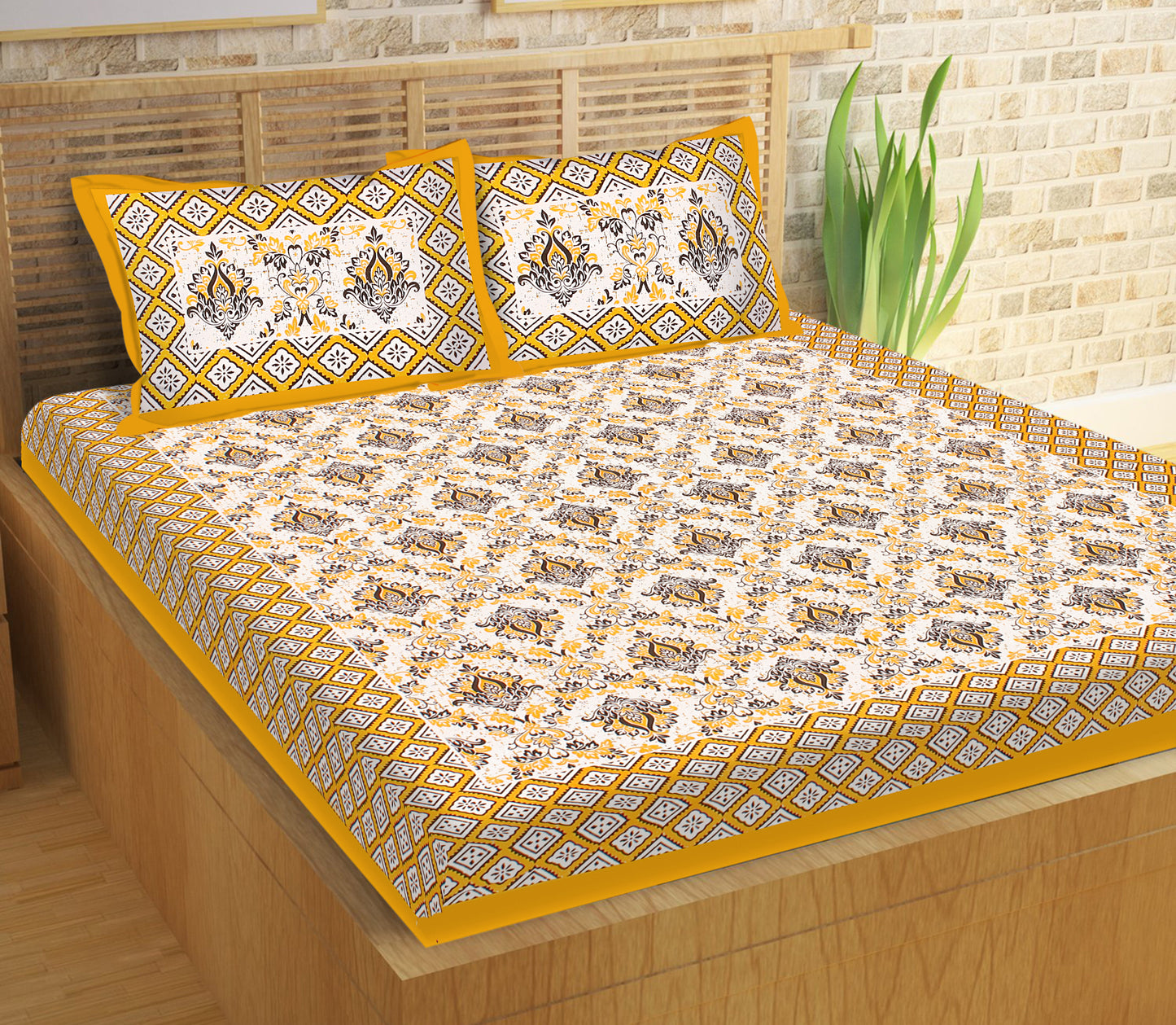 Lali Prints Jaipuri Yellow & White Floral Cotton 130 TC Queen Bedsheet & 2 Pillow Covers