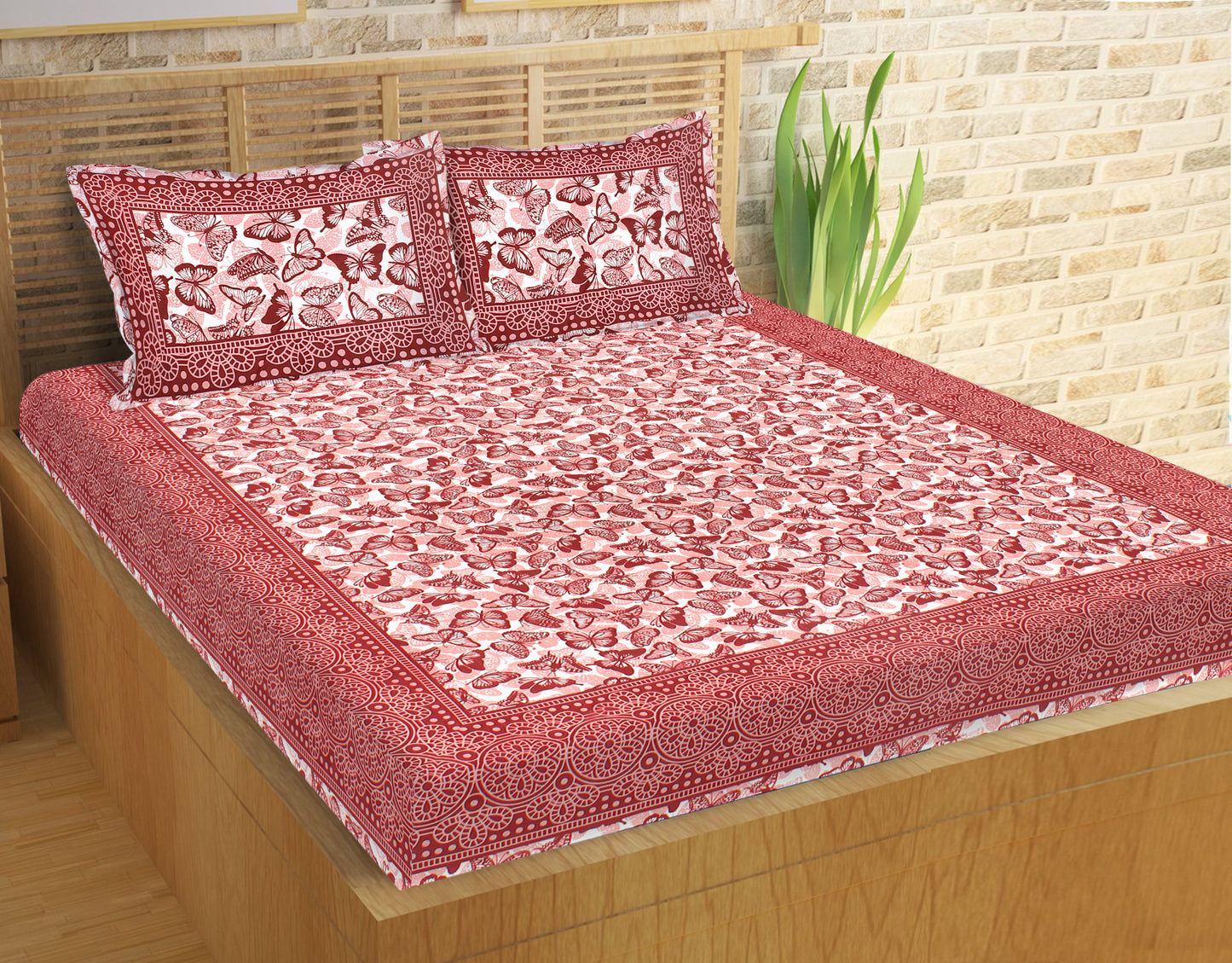 Lali Prints Jaipuri Red & Pink Printed Cotton 130 TC Queen Bedsheet With 2 Pillow Covers