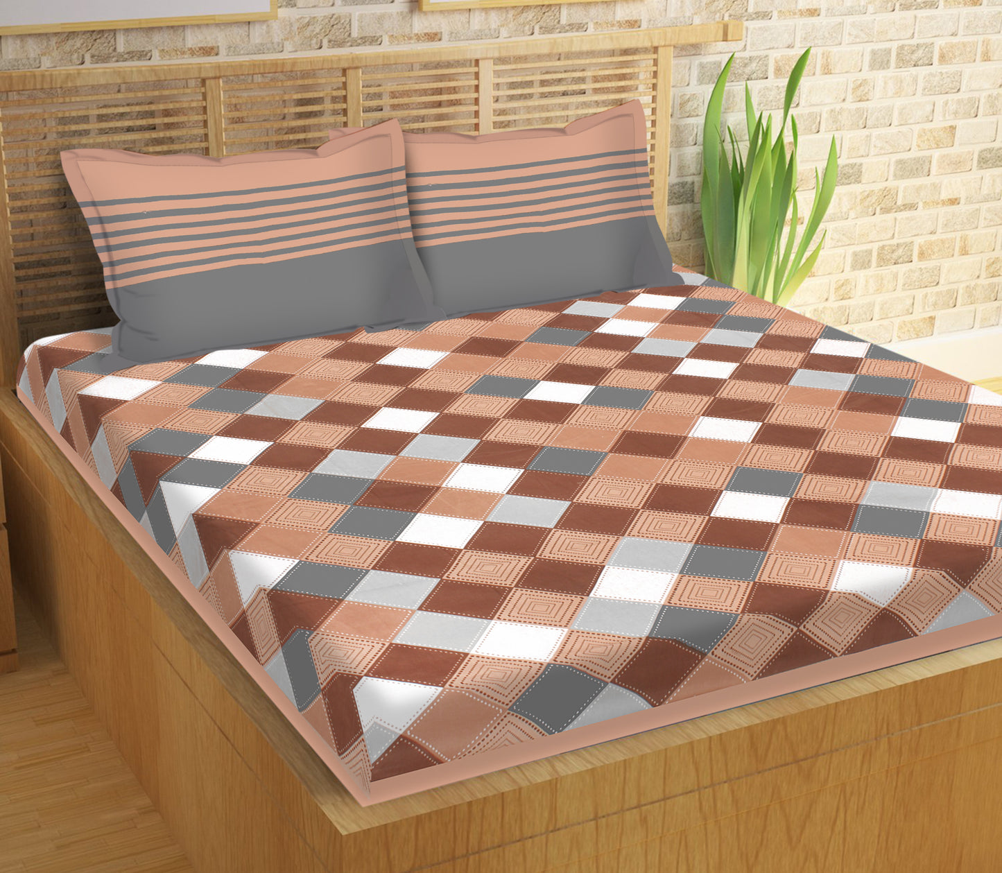 Lali Prints Jaipuri Brown & White Geometric Cotton 130 TC Queen Bedsheet & 2 Pillow Covers