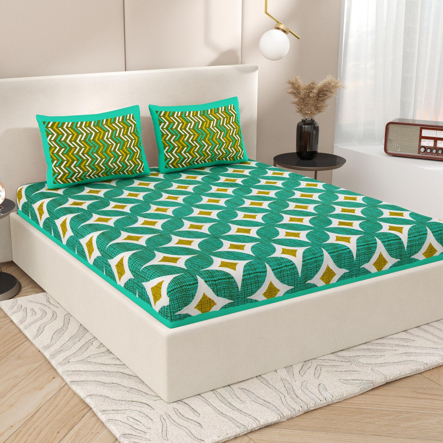Lali Prints Green Block Printed Cotton 130 TC Queen Bedsheet with 2 Pillow Covers
