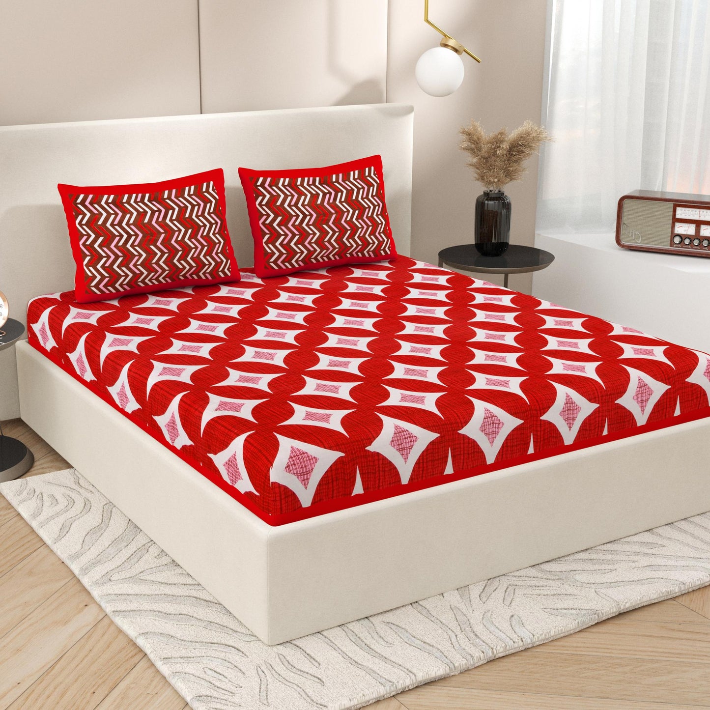 Lali Prints Red Block Printed Cotton 130 TC Queen Bedsheet with 2 Pillow Covers