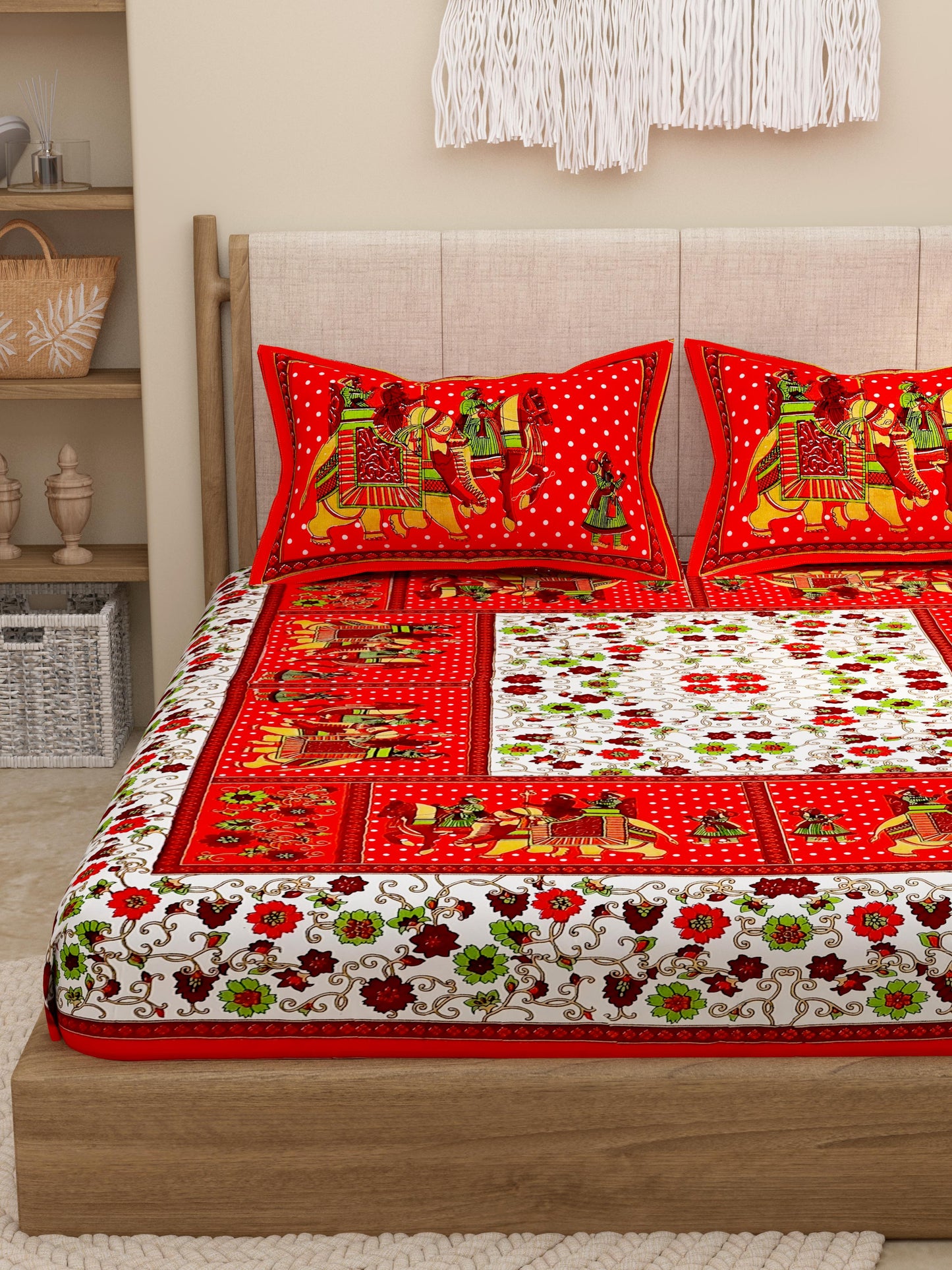 Lali Prints Red & White Ethnic Motifs Cotton 130 TC Queen Bedsheet with 2 Pillow Covers