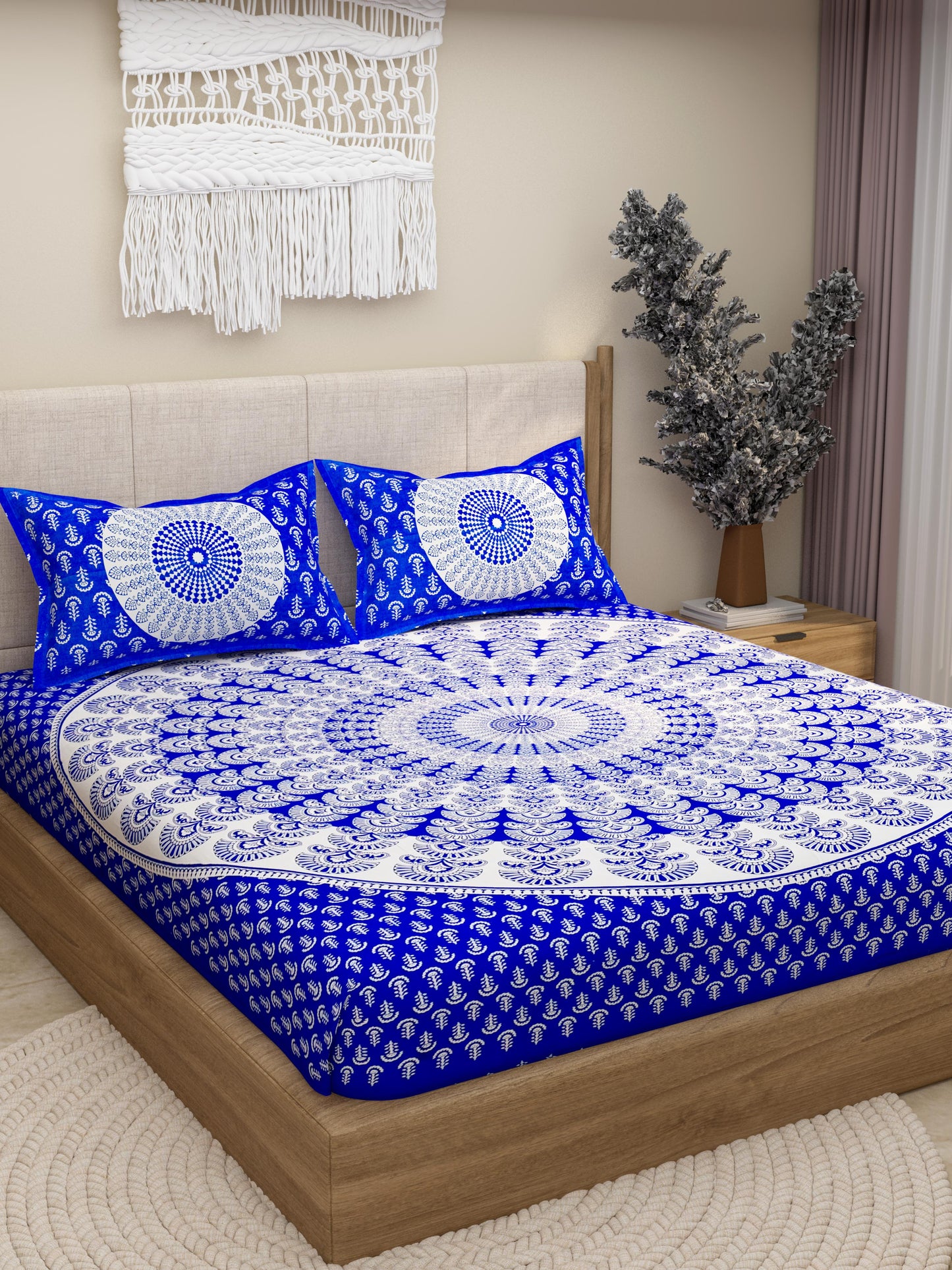 Lali Prints Blue Ethnic Block Printed Cotton 130 TC Queen Bedsheet & 2 Pillow Covers