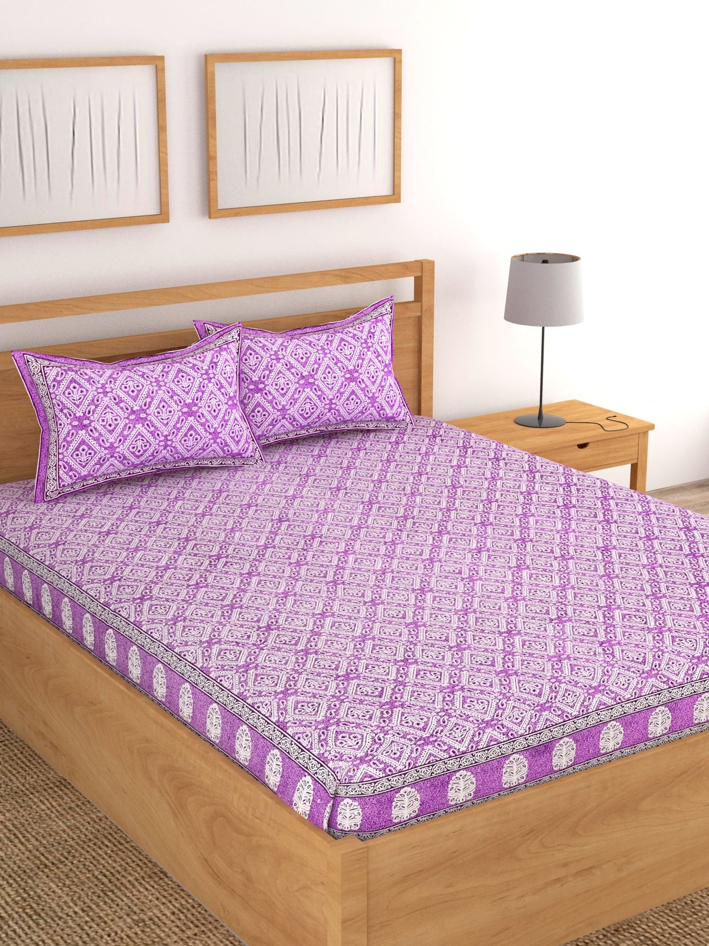 Lali Prints Purple & White Ethnic Motifs Cotton180 TC King Bedsheet With 2 Pillow Covers