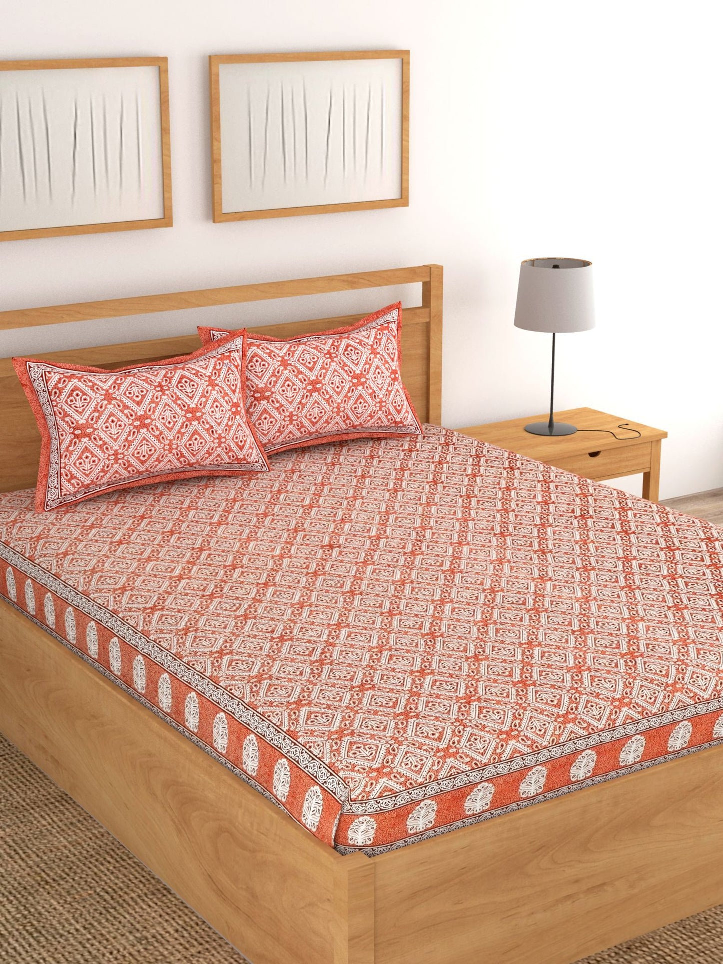 Lali Prints Orange & White Ethnic Motifs Cotton 180 TC King Bedsheet With 2 Pillow Covers