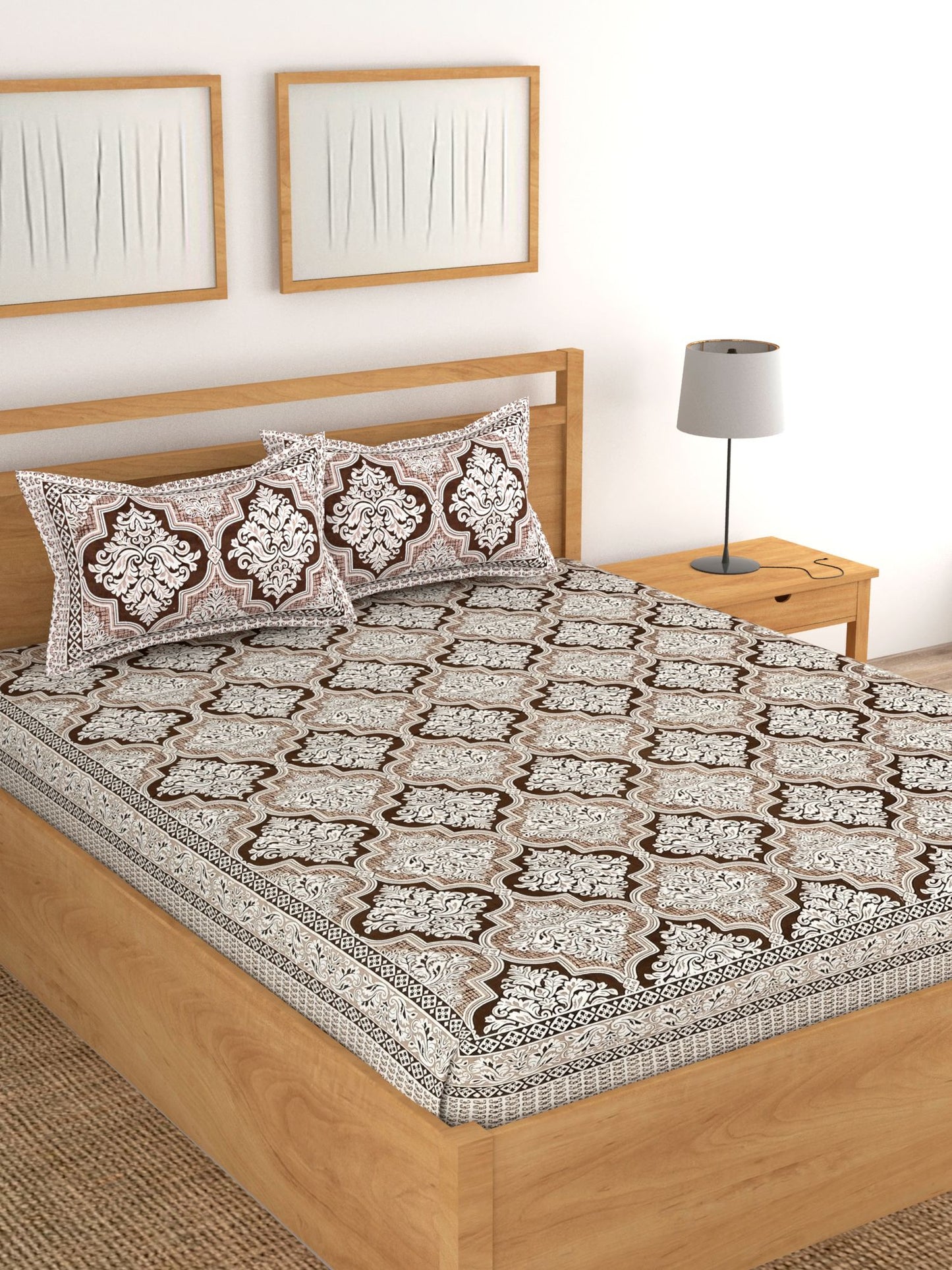 Lali Prints Brown & White Ethnic Motifs Cotton 180 TC King Bedsheet with 2 Pillow Covers