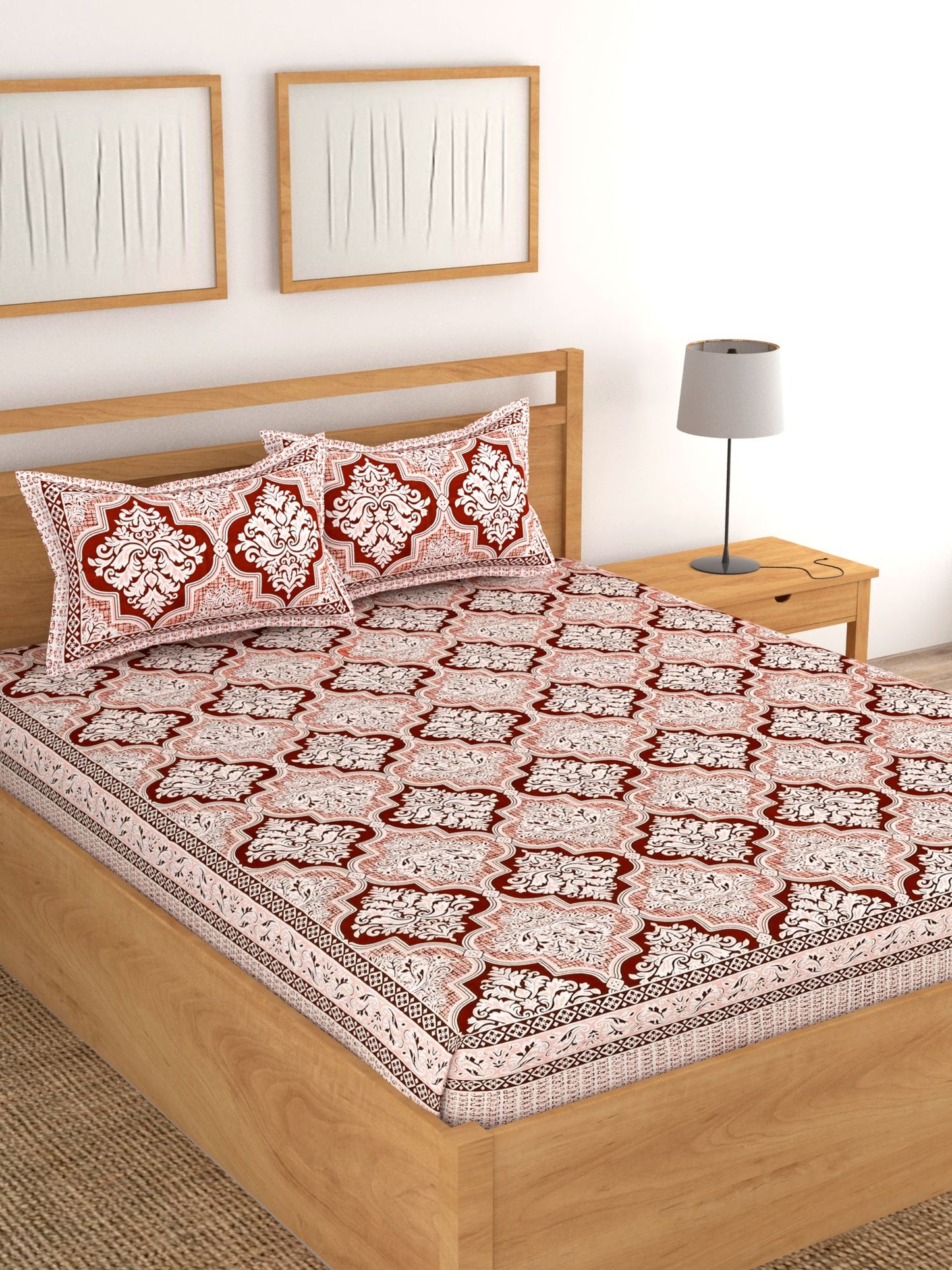 Lali Prints Peach & White Ethnic Motifs Cotton 180 TC King Bedsheet with 2 Pillow Covers