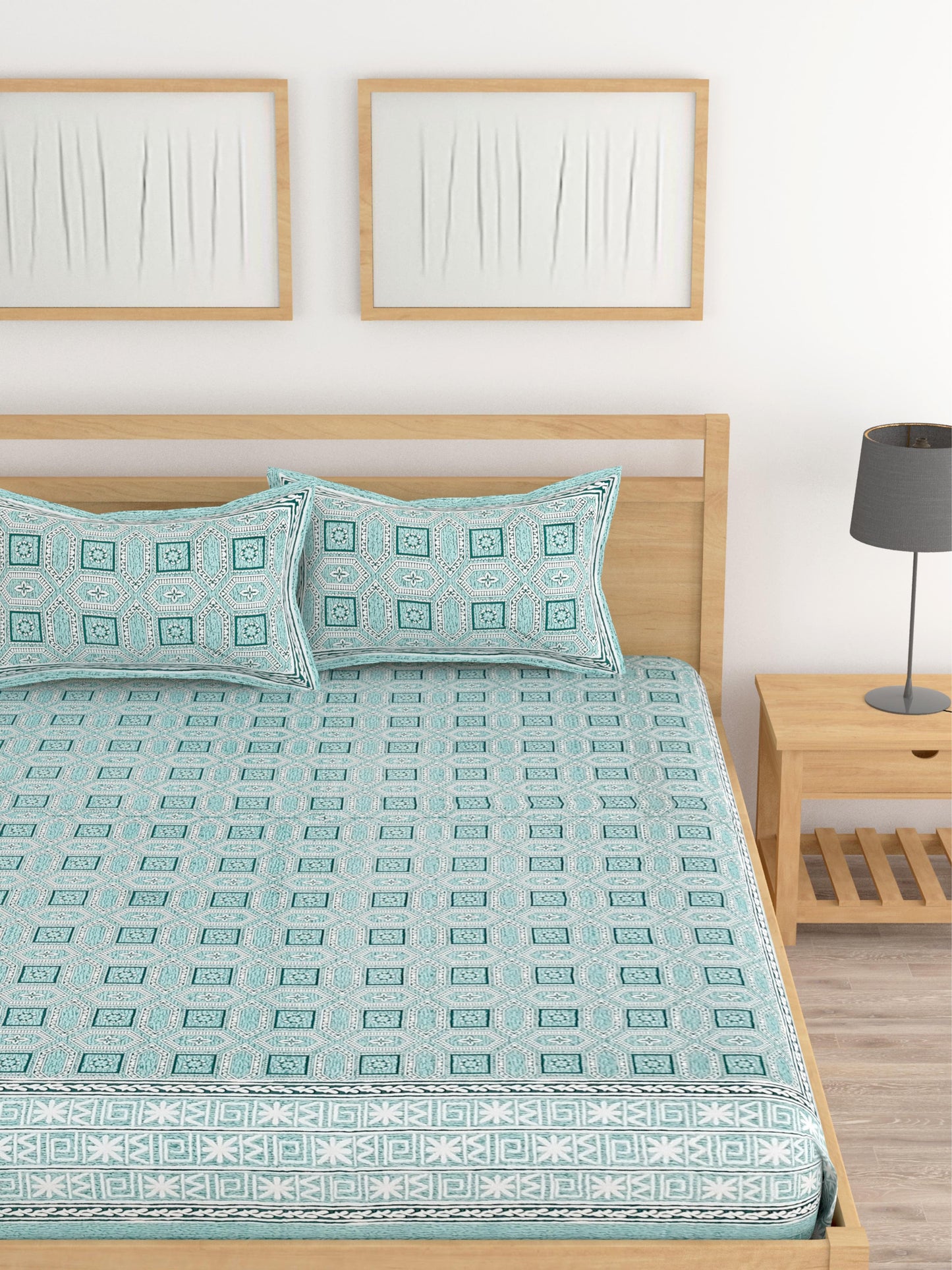 Lali Prints Green Geometric Printed 210 TC King Bedsheet With 2 Pillow Covers