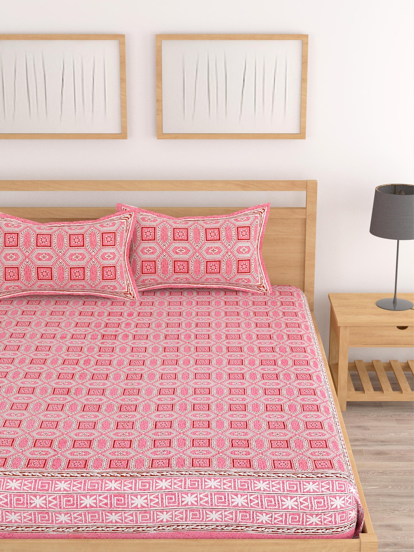 Lali Prints Pink & White Ethnic Printed Cotton 210 TC King Bedsheet with 2 Pillow Covers