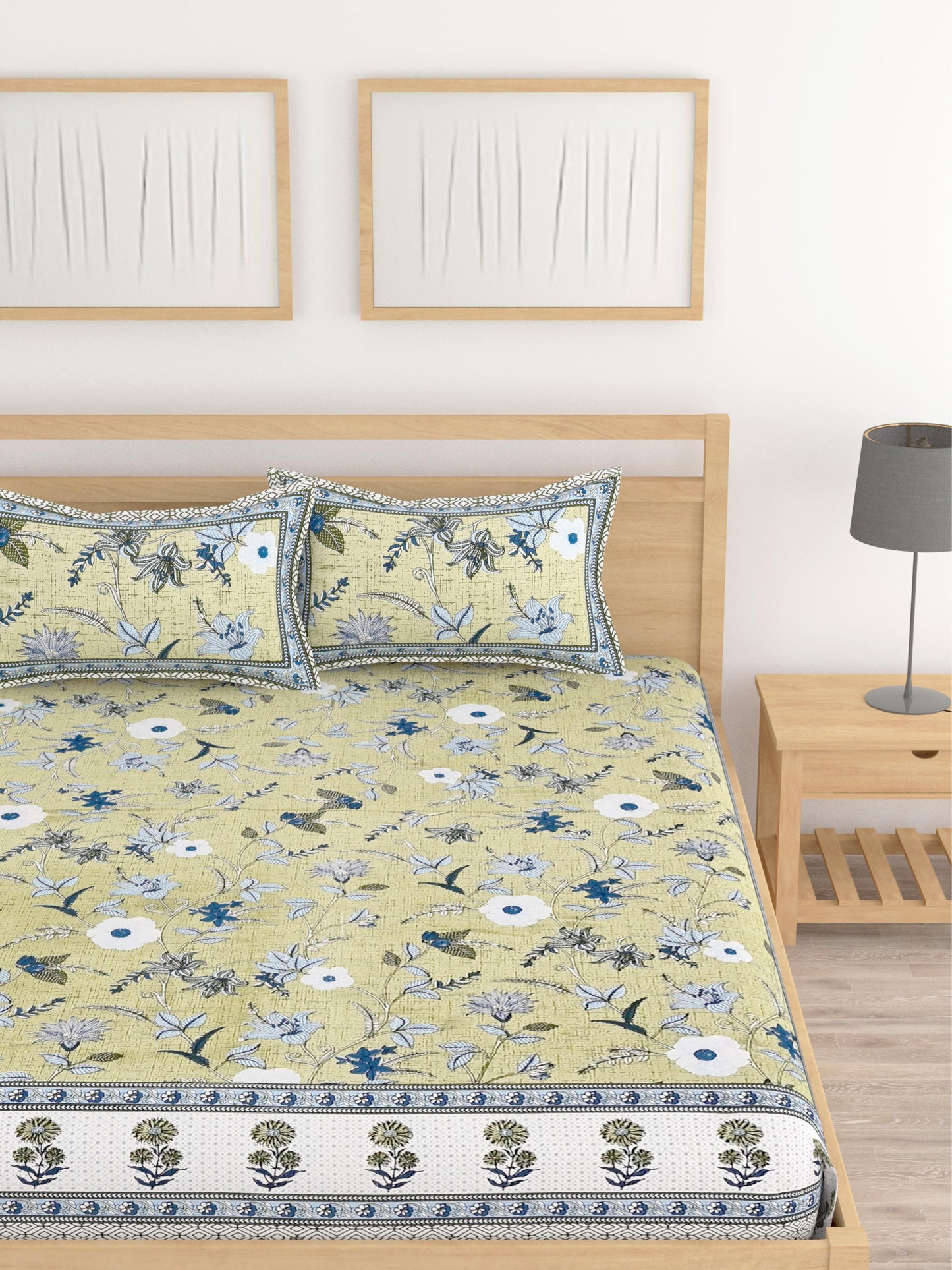 Lali Prints Olive Green Floral Cotton 210 TC King Bedsheet with 2 Pillow Covers