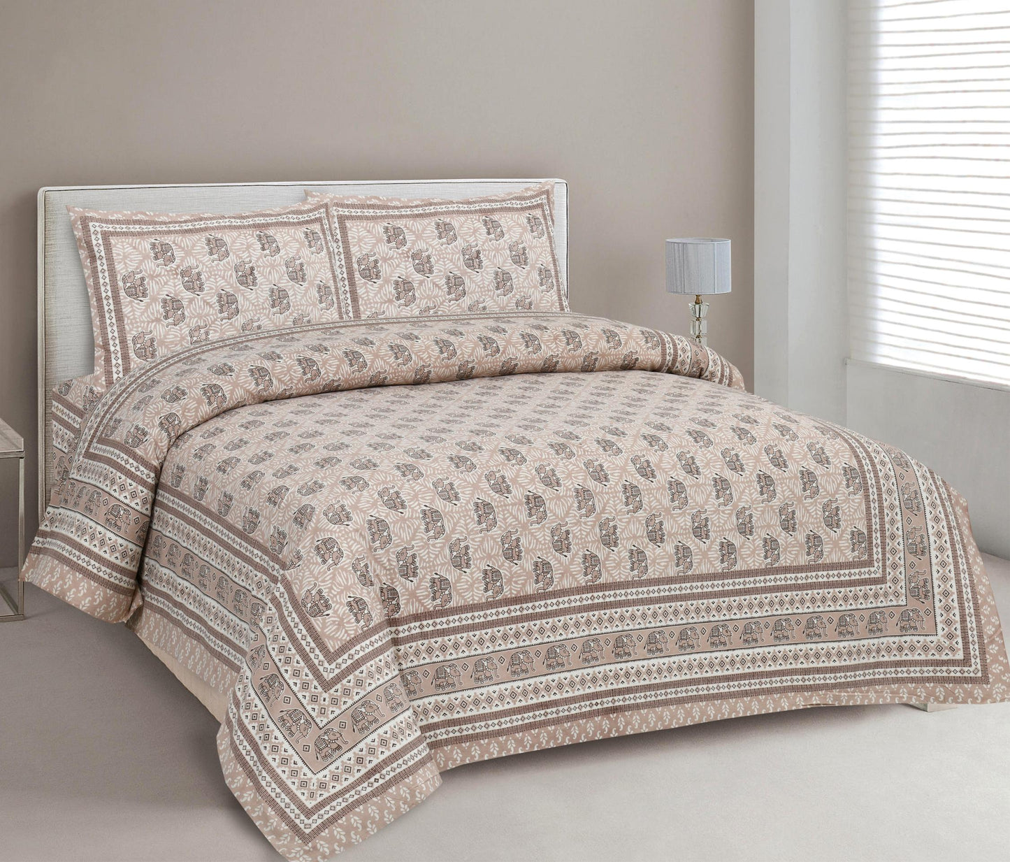 Lali Prints Grey Ethnic Motifs 210 TC Cotton Double King Bedsheet with 2 Pillow Covers