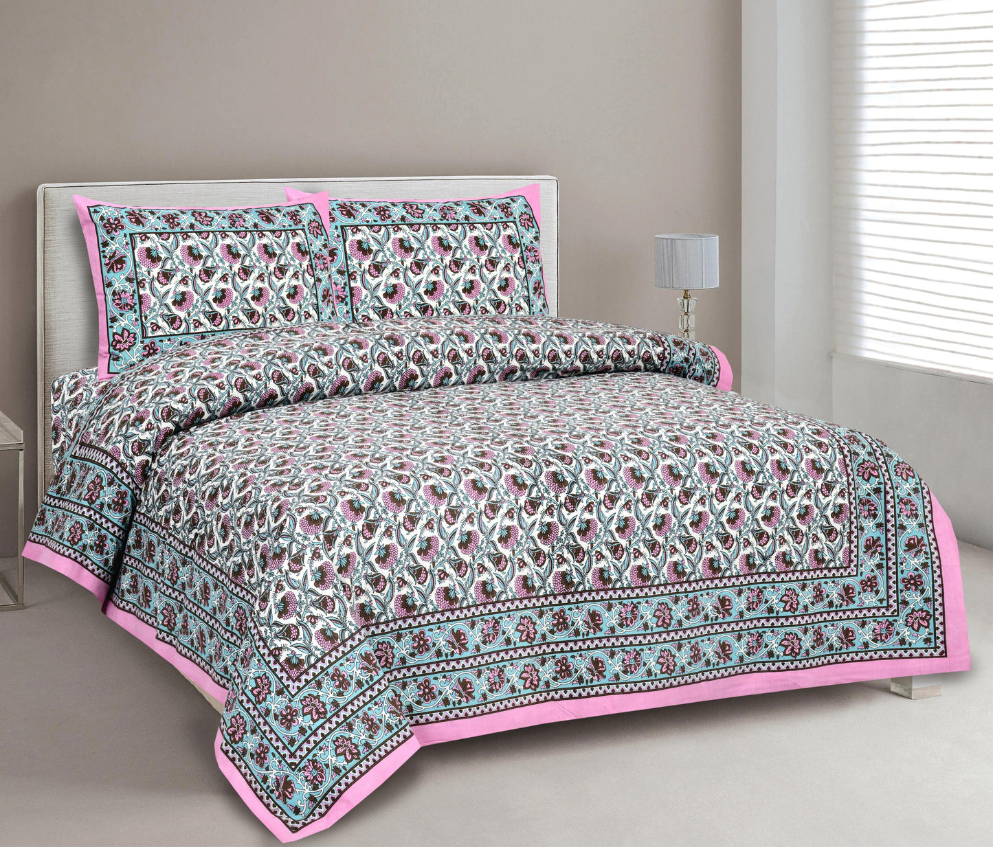 Lali Prints White & Pink Floral Printed 210 TC Cotton King Bedsheet Set 2.36 m x 2.75 m