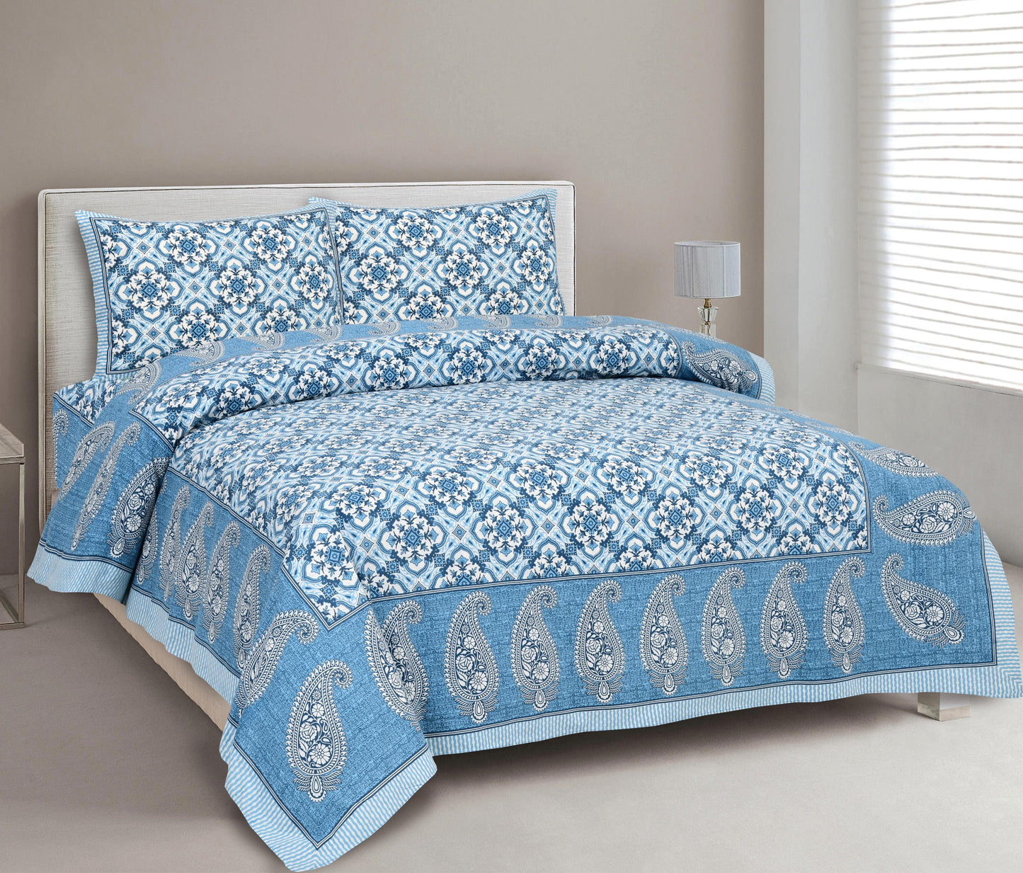 Lali Prints Blue & White Floral Printed 210 TC Cotton King Bedsheet Set 2.36 m x 2.75 m