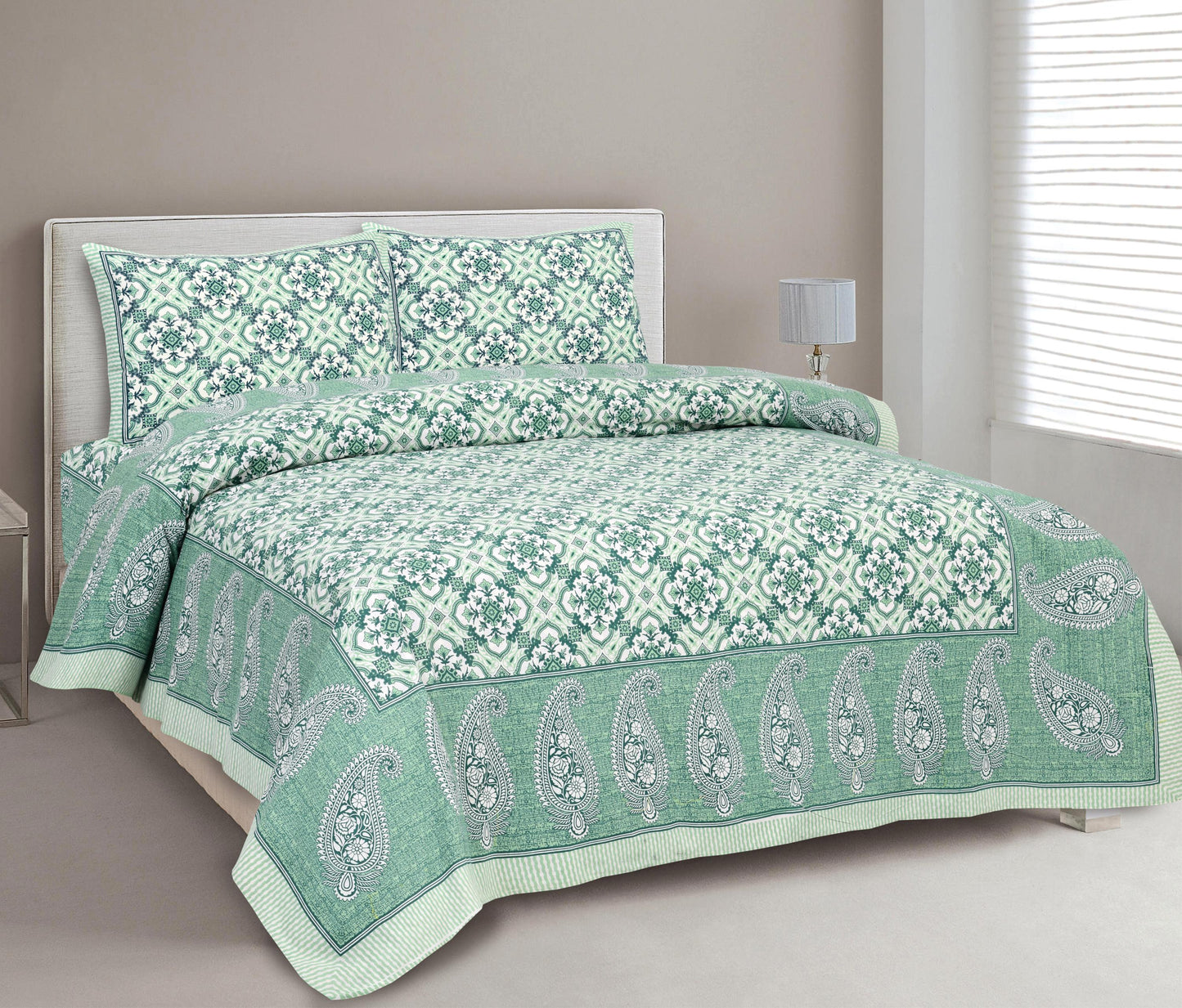 Lali Prints Sea Green & White Printed 210 TC Cotton King Bedsheet Set 2.36 m x 2.75 m