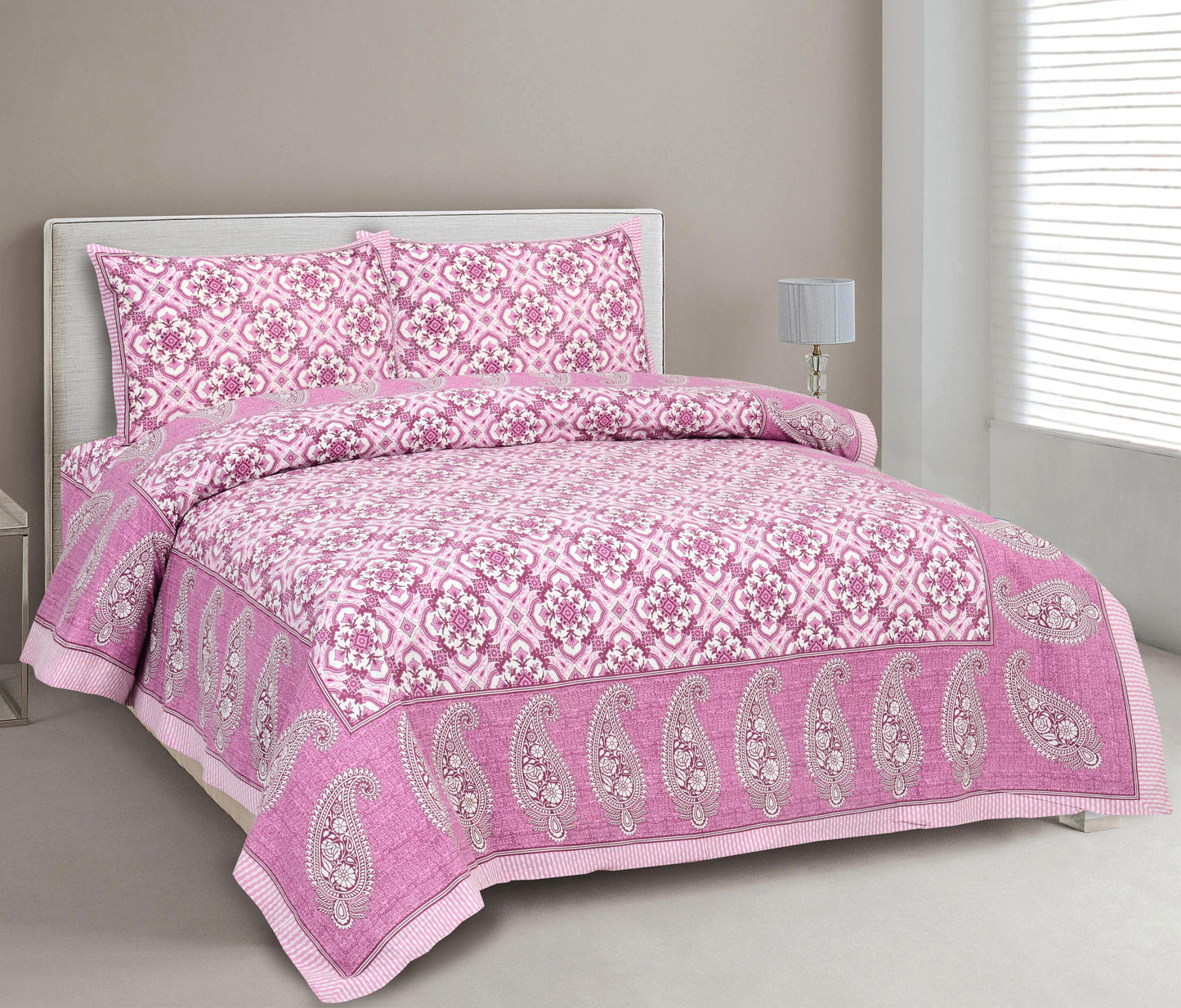 Lali Prints Pink & White Floral Printed 210 TC Cotton King Bedsheet Set 2.36 m x 2.75 m