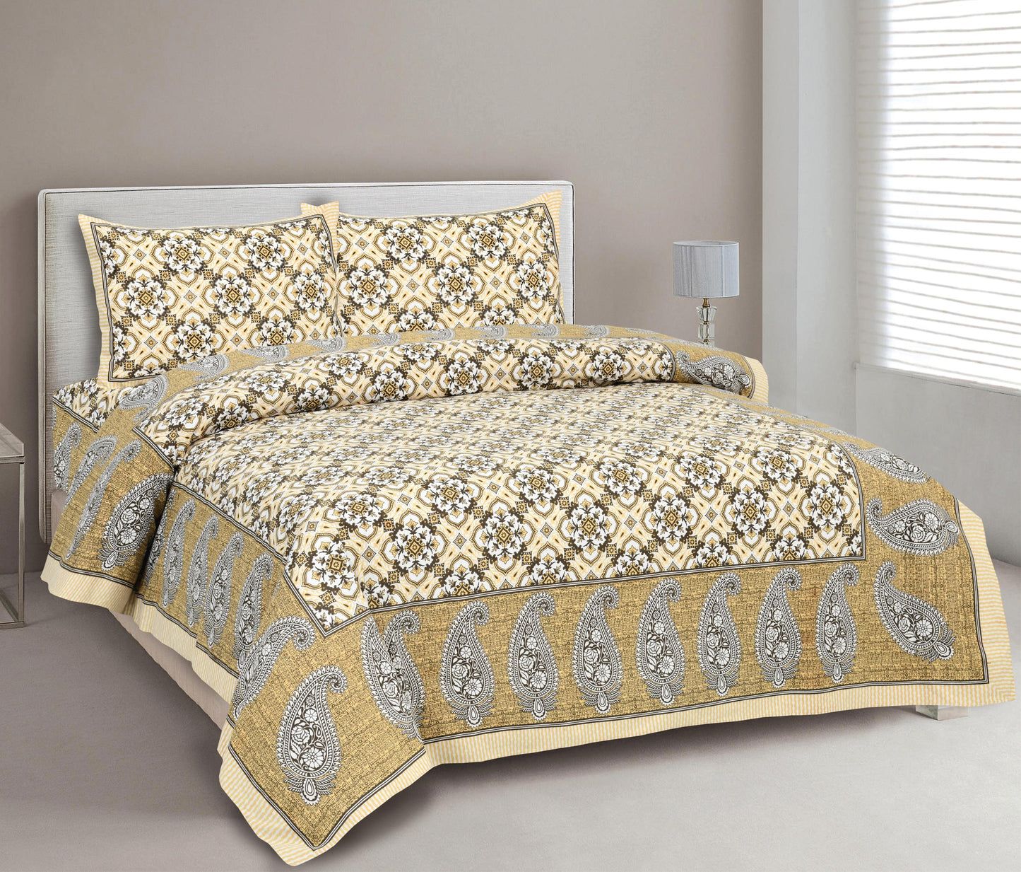 Lali Prints Brown & White Floral Printed 210 TC Cotton King Bedsheet Set 2.36 m x 2.75 m