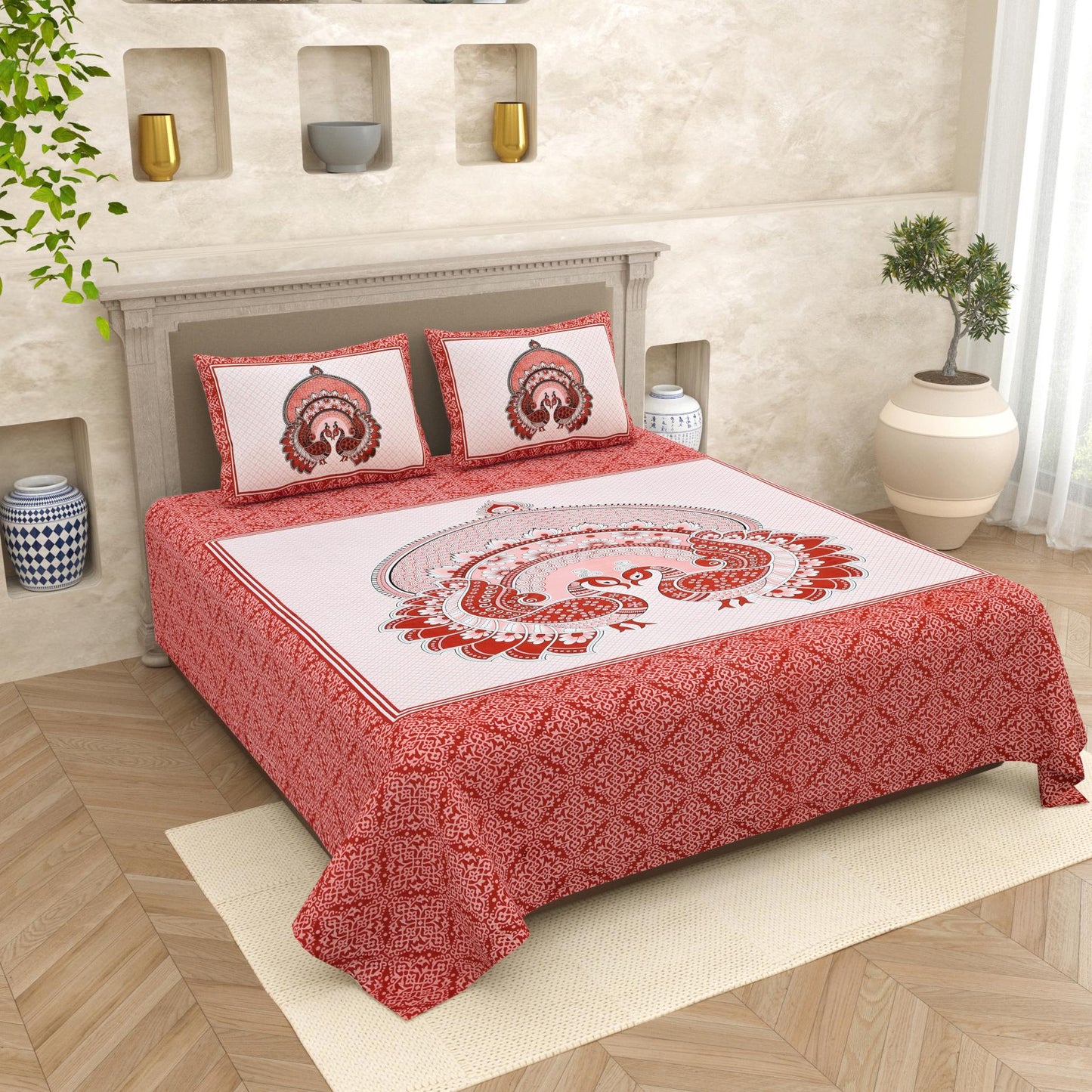 Lali Prints Red & White Ethnic Printed 210 TC Cotton King Bedsheet Set 2.36 m x 2.75 m
