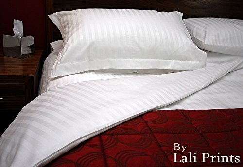 Lali Prints Luxury 200TC Premium White Sateen Striped Single Bedsheet with 2 Pillow Covers
