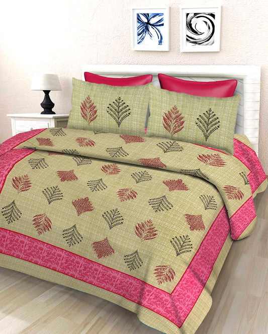 Lali Prints Jaipuri Cream Floral Cotton 130 TC Queen Bedsheet With 2 Pillow Covers