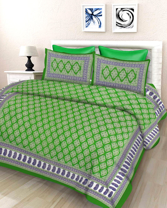 Lali Prints Green & White Ethnic Motifs Cotton 130 TC Queen Bedsheet with 2 Pillow Covers