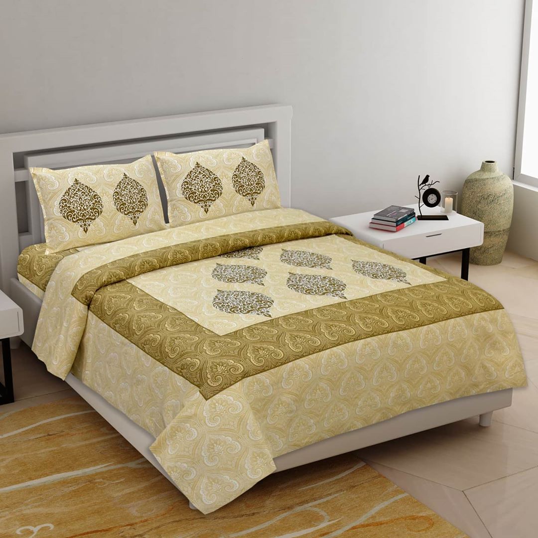 Lali Prints Olive Green Ethnic Motifs Cotton 130 TC Queen Bedsheet & 2 Pillow Covers