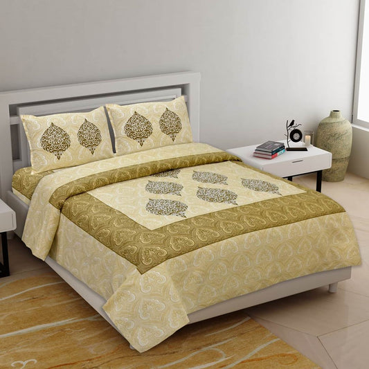 Lali Prints Olive Green Ethnic Motifs Cotton 130 TC Queen Bedsheet & 2 Pillow Covers