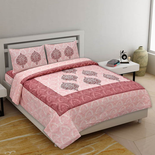 Lali Prints Jaipuri Pink & Maroon Ethnic Motifs 130 TC Queen Bedsheet With 2 Pillow Covers