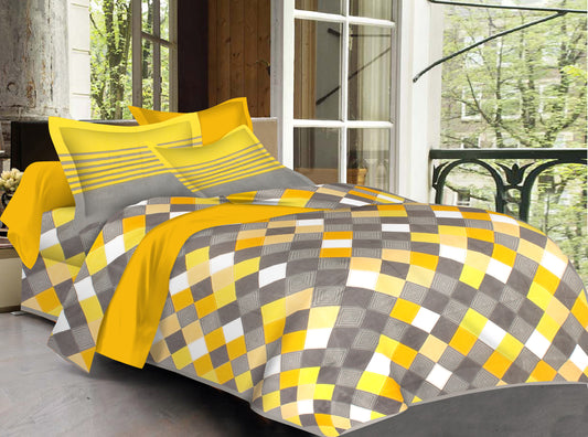 Lali Prints Yellow & Grey Geometric Cotton 130 TC Queen Bedsheet with 2 Pillow Covers