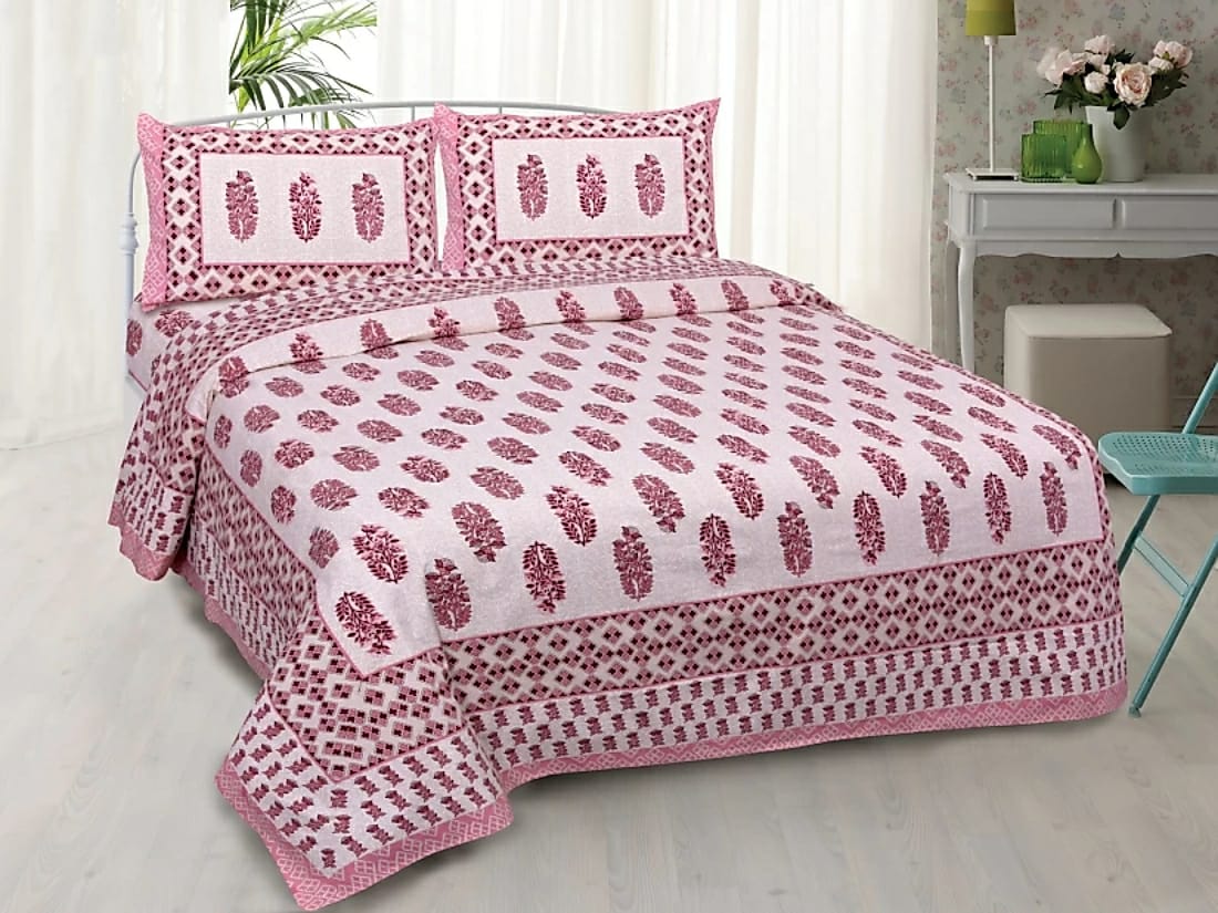 Lali Prints Jaipuri Pink & White Floral Cotton 130 TC Queen Bedsheet With 2 Pillow Covers