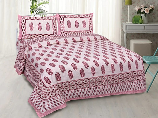 Lali Prints Jaipuri Pink & White Floral Cotton 130 TC Queen Bedsheet With 2 Pillow Covers