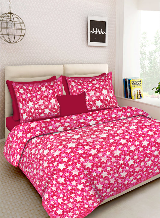 Lali Prints Pink & White Geometric Cotton 130 TC Queen Bedsheet with 2 Pillow Covers