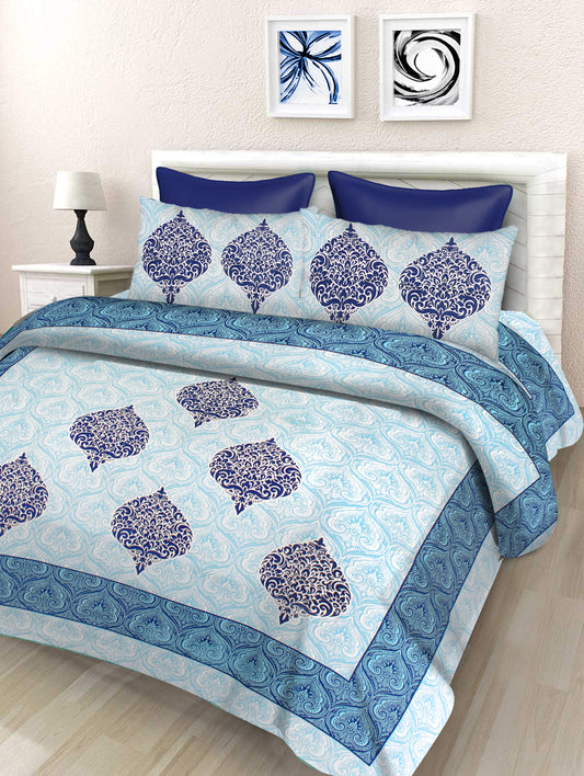 Lali Prints Jaipuri Blue Ethnic Motifs Cotton 130 TC Queen Bedsheet & 2 Pillow Covers