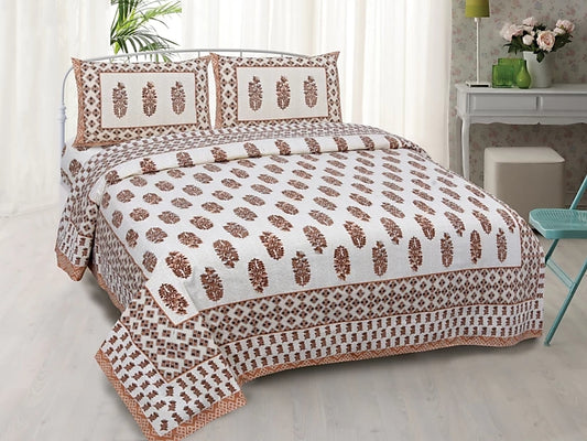 Lali Prints White & Brown Ethnic Motifs Cotton 130 TC Queen Bedsheet with 2 Pillow Covers