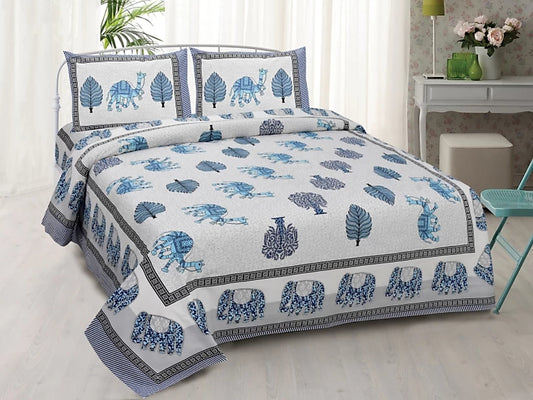 Lali Prints Jaipuri White & Blue Printed Cotton 130 TC Queen Bedsheet with 2 Pillow Covers