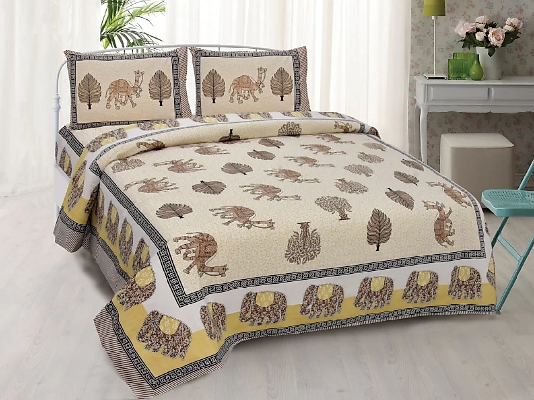 Lali Prints Jaipuri Yellow & White Printed Cotton 130 TC Queen Bedsheet & 2 Pillow Covers