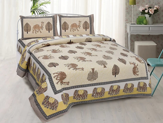 Lali Prints Jaipuri Yellow & White Printed Cotton 130 TC Queen Bedsheet & 2 Pillow Covers