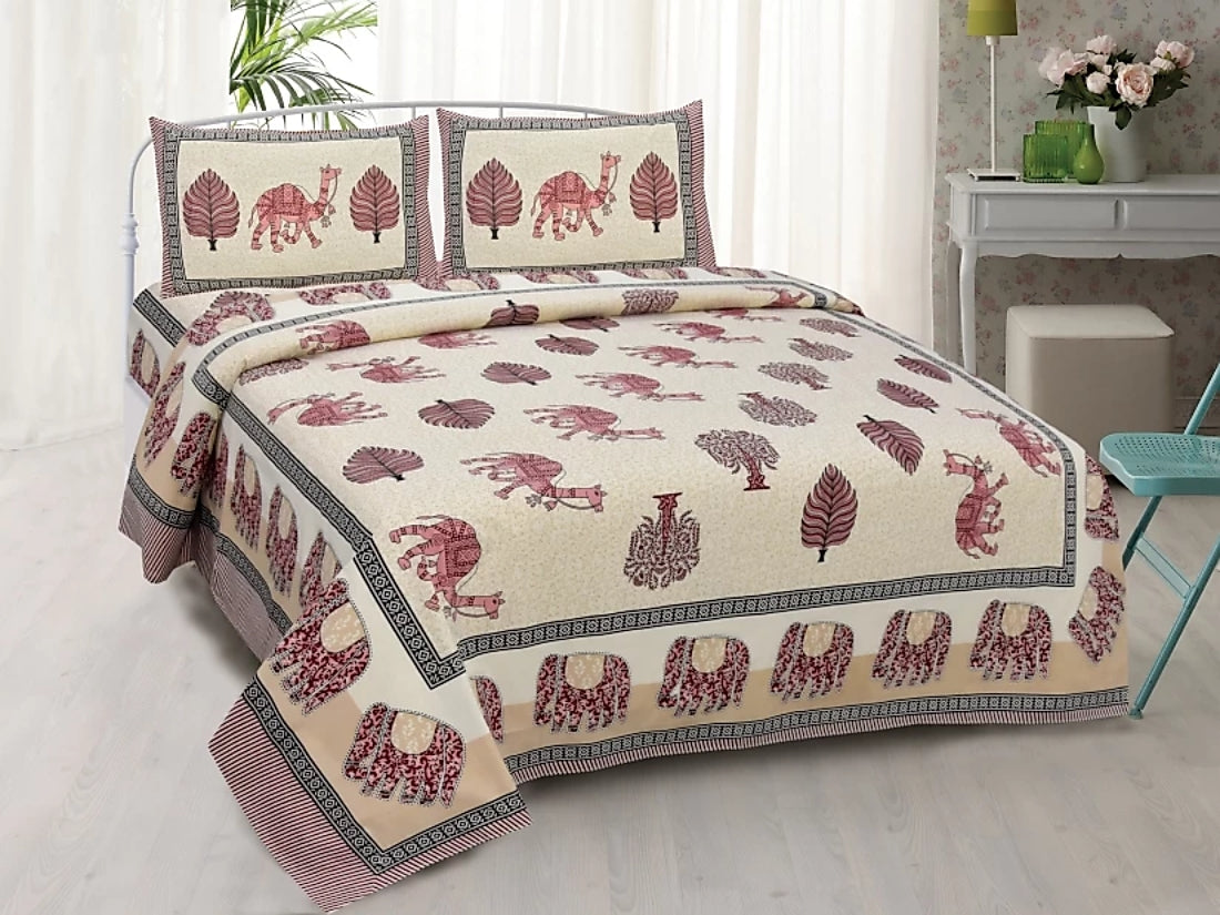 Lali Prints Jaipuri Yellow Ethnic Motifs Cotton 130 TC Queen Bedsheet With 2 Pillow Covers