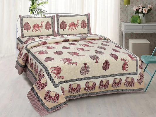 Lali Prints Jaipuri Yellow Ethnic Motifs Cotton 130 TC Queen Bedsheet With 2 Pillow Covers
