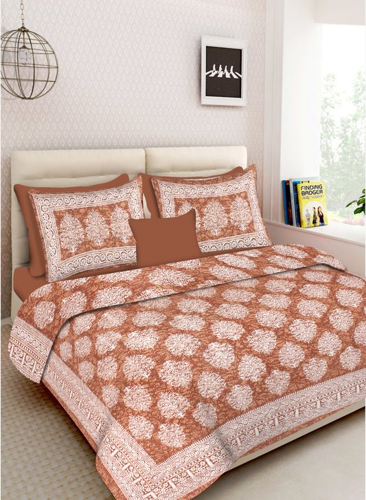 Lali Prints Jaipuri Brown Printed Cotton 130 TC Queen Bedsheet with 2 Pillow Covers