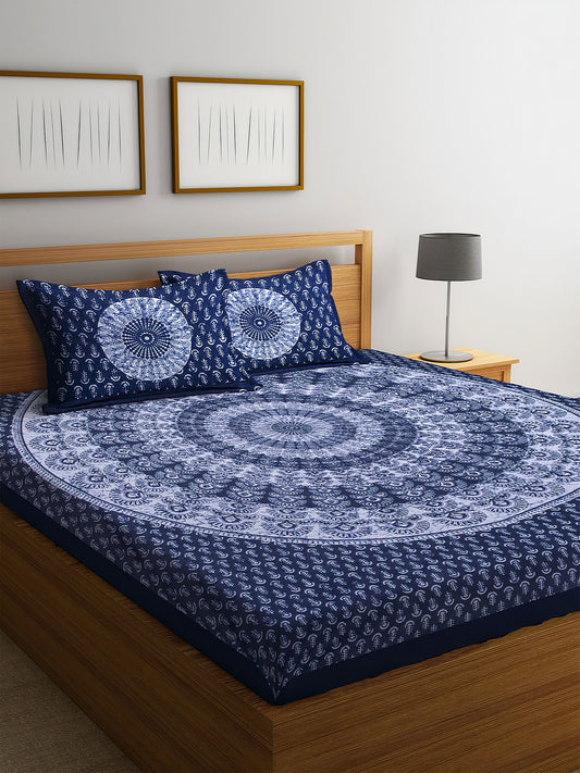 Lali Prints Blue & White Printed Cotton 130 TC Queen Bedsheet With 2 Pillow Covers