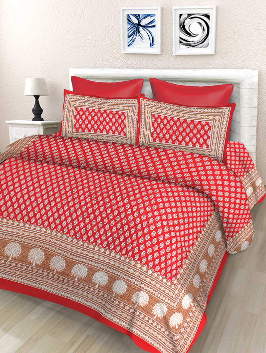 Lali Prints Jaipuri Red & White Printed Cotton 130 TC Queen Bedsheet with 2 Pillow Covers