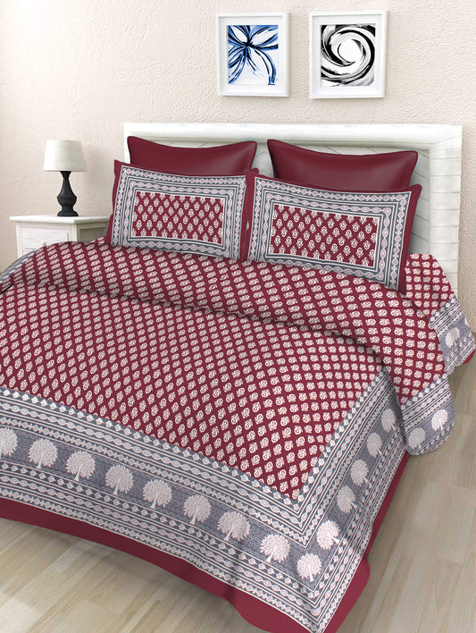 Lali Prints Maroon & Grey Ethnic Motifs Cotton 130 TC Queen Bedsheet with 2 Pillow Covers