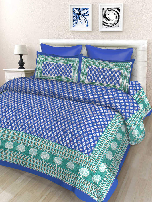 Lali Prints Blue & Green Printed Cotton 130 TC Queen Bedsheet With 2 Pillow Covers
